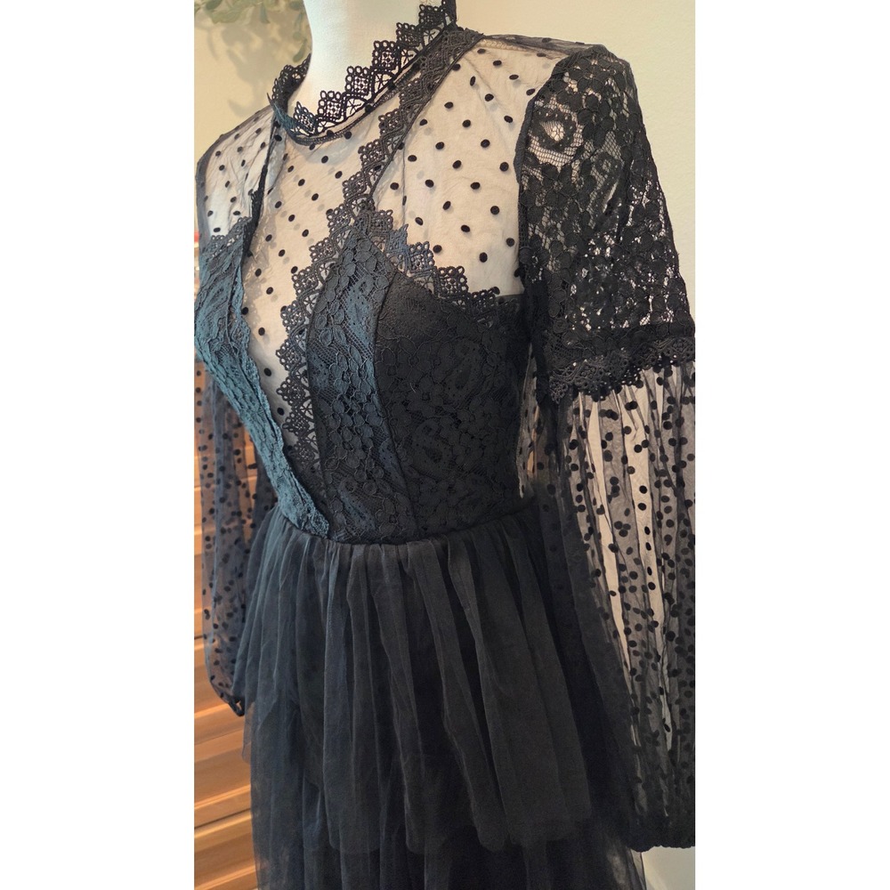 Giffniseti Lace Tulle Tiered Maxi Dress Sheer Polka Dot Gothic Black Gown Small - Picture 4 of 12